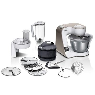 Bosch Küchenmaschine Serie 4, integrierte Waage, Mixer 1,25 L, Edelstahl-Schüssel 3,9 L, Profi-Knethaken, Schnee-, Silik