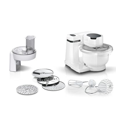 Bosch Küchenmaschine Serie 2, kleine Küchenmaschine, 3,8l Kunststoff-Schüssel, Durchlaufschnitzler, 4 Scheiben, 4 Stufen
