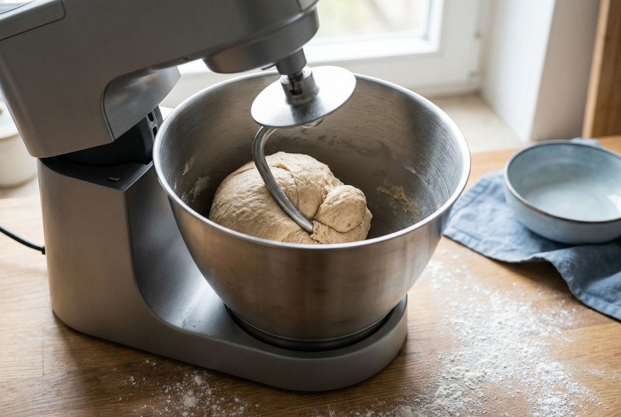 Küchenmaschine mit Rührarm knetet Hefeteig in einer Edelstahlschüssel