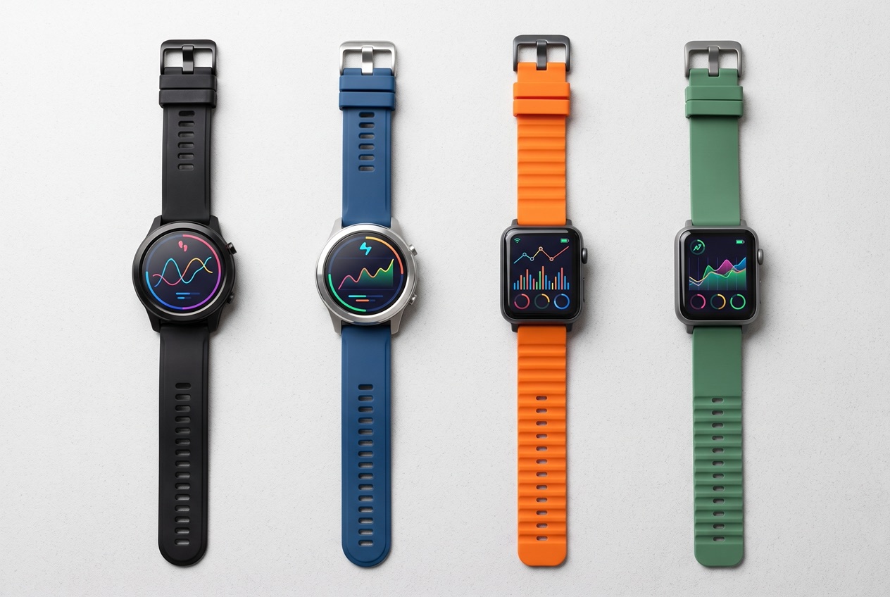Mehrere GPS-Laufuhren nebeneinander mit rundem und eckigem Display, unterschiedliche Armbandfarben