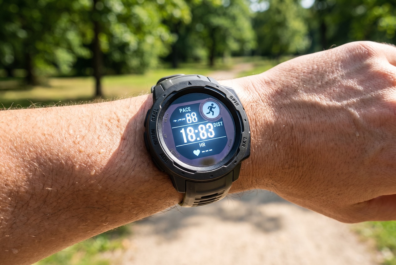 Laufuhr am Handgelenk eines Läufers zeigt Tempo, Distanz und Herzfrequenz auf hellem Display