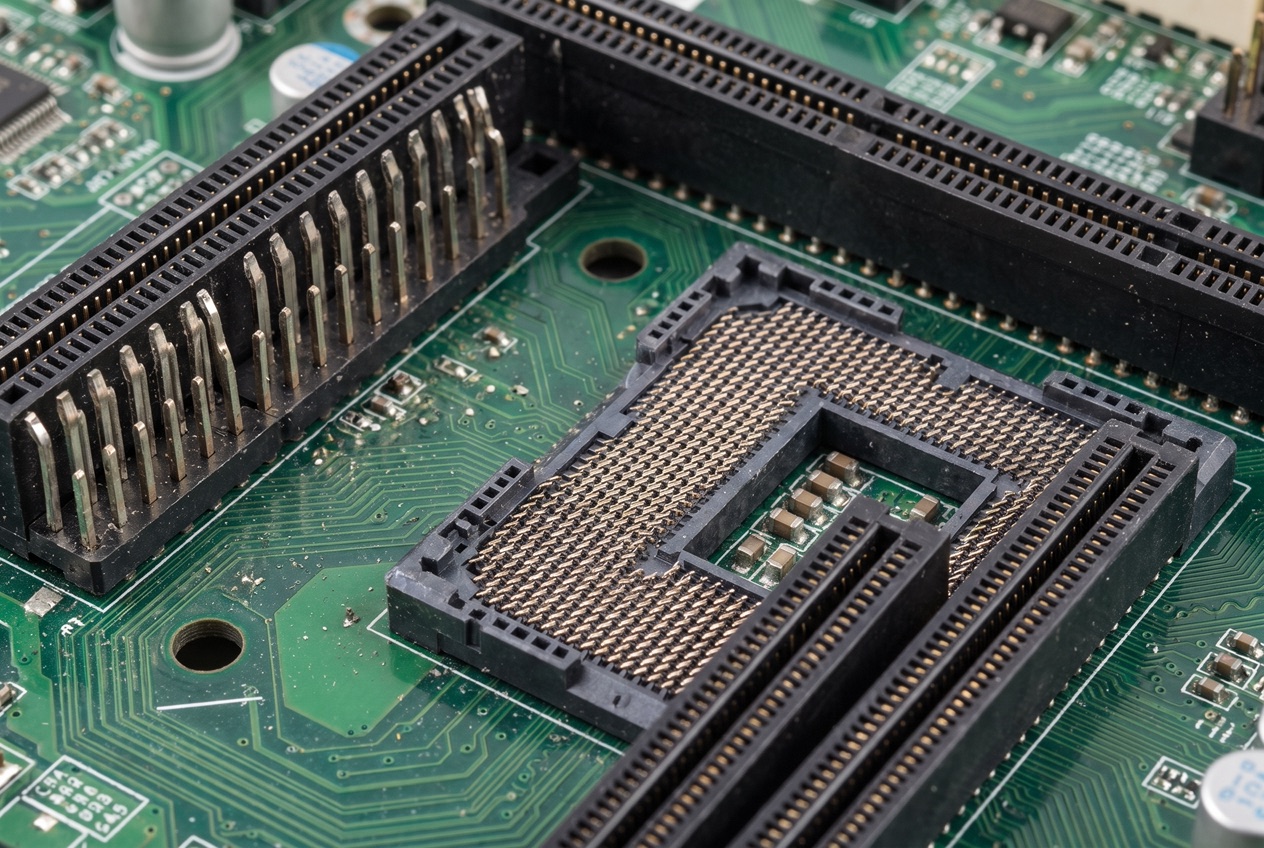 Mainboard mit CPU-Sockel, RAM-Bänken, PCIe-Steckplätzen und M.2-Slots in der Nahaufnahme
