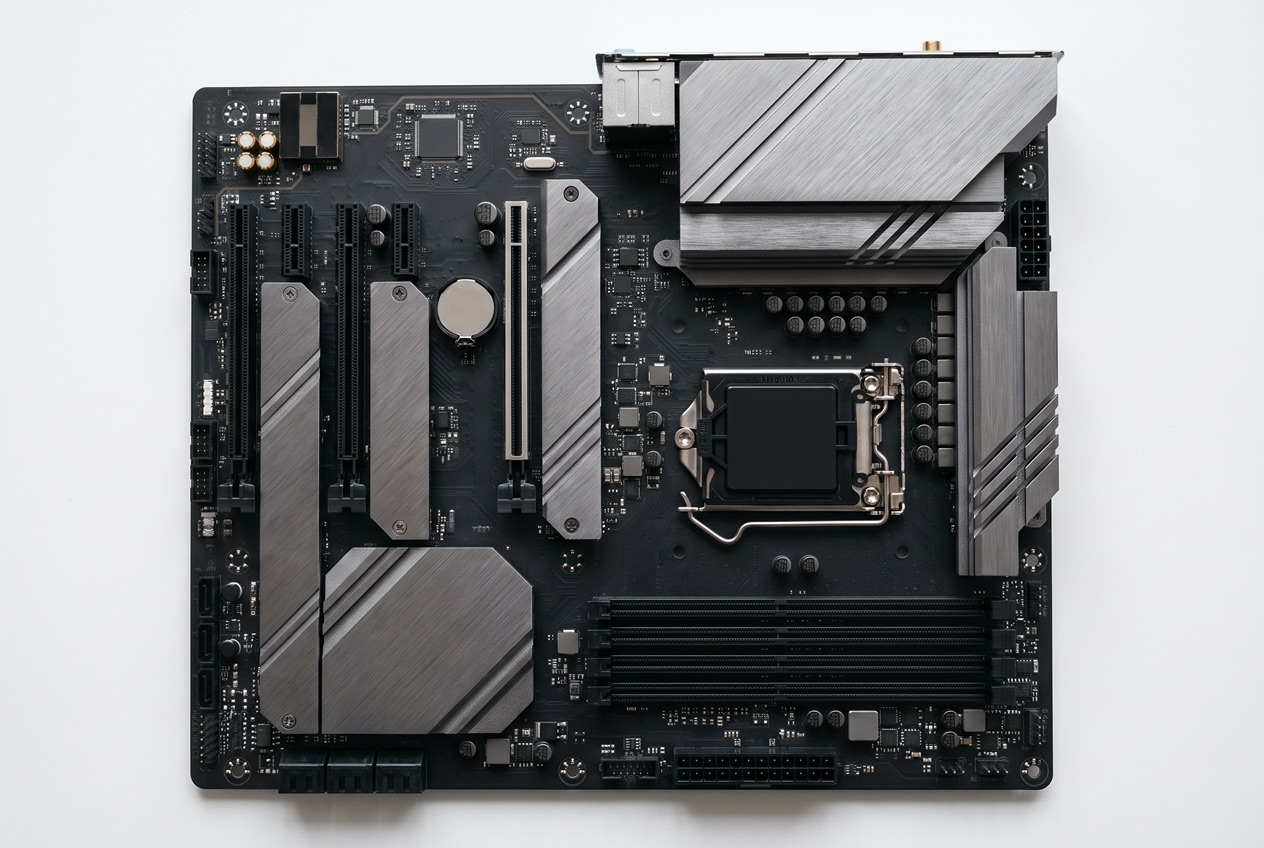 Gaming-Mainboard mit Kühlkörpern, VRM-Spannungsversorgung und mehreren M.2-Slots von oben fotografiert