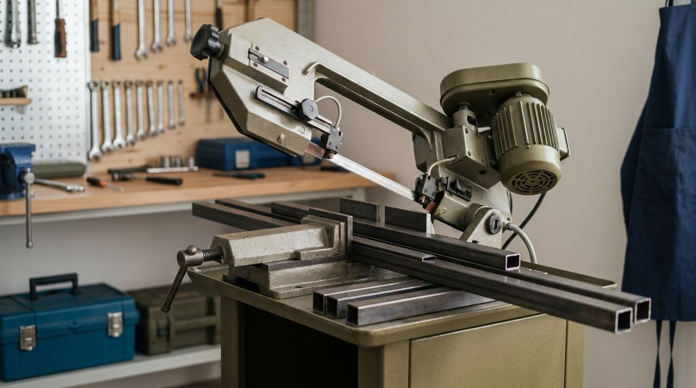 Stationäre Metallbandsäge in einer aufgeräumten Metallwerkstatt mit Stahlprofilen und Schraubstock