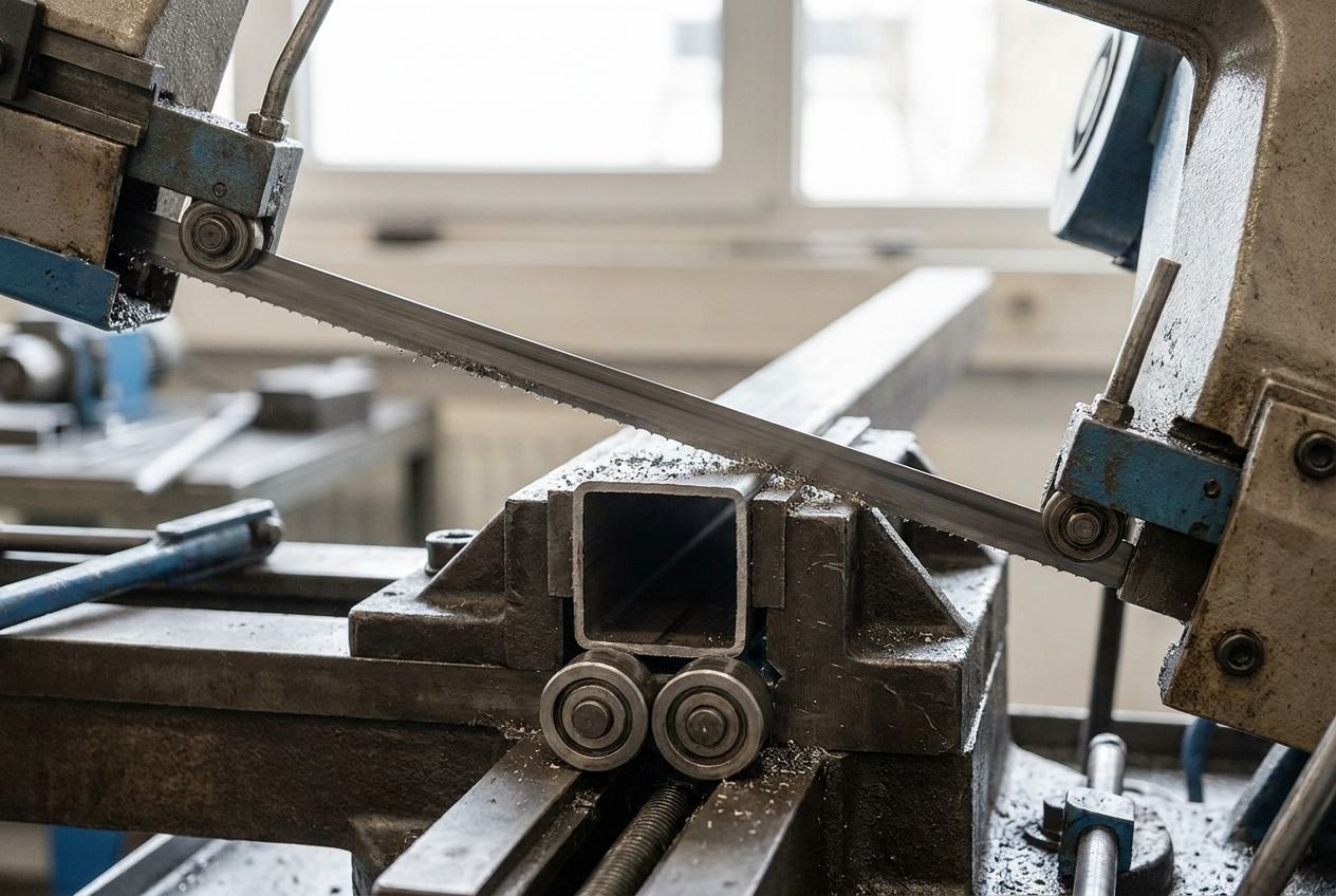 Nahaufnahme des umlaufenden Sägebands einer Metallbandsäge beim Schnitt durch ein Stahlprofil