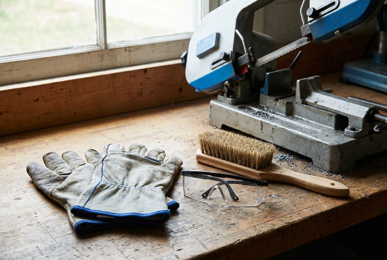 Schutzhandschuhe, Schutzbrille und Handbesen als Sicherheitsausrüstung neben einer Metallbandsäge
