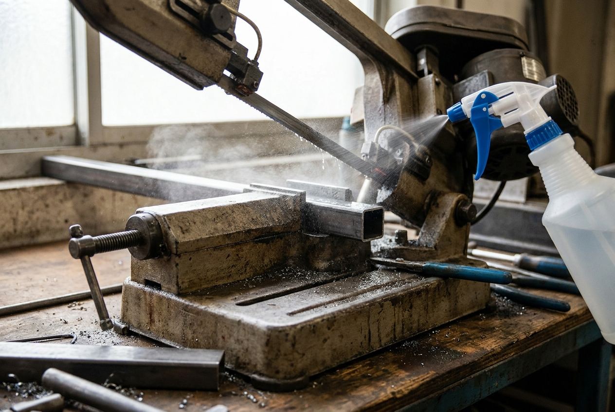 Metallbandsäge trennt ein eingespanntes Profil, eine Sprühflasche kühlt das Sägeband mit Wasser