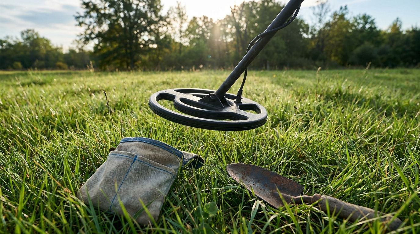 Metalldetektor mit runder Suchspule über einer sonnigen Wiese, daneben Fundtasche und Grabewerkzeug
