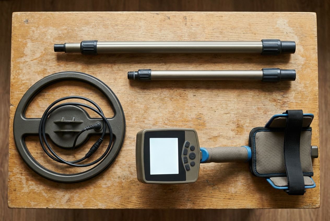 Bauteile eines Metalldetektors nebeneinander: Suchspule, Gestänge, Elektronikgehäuse und Armstütze