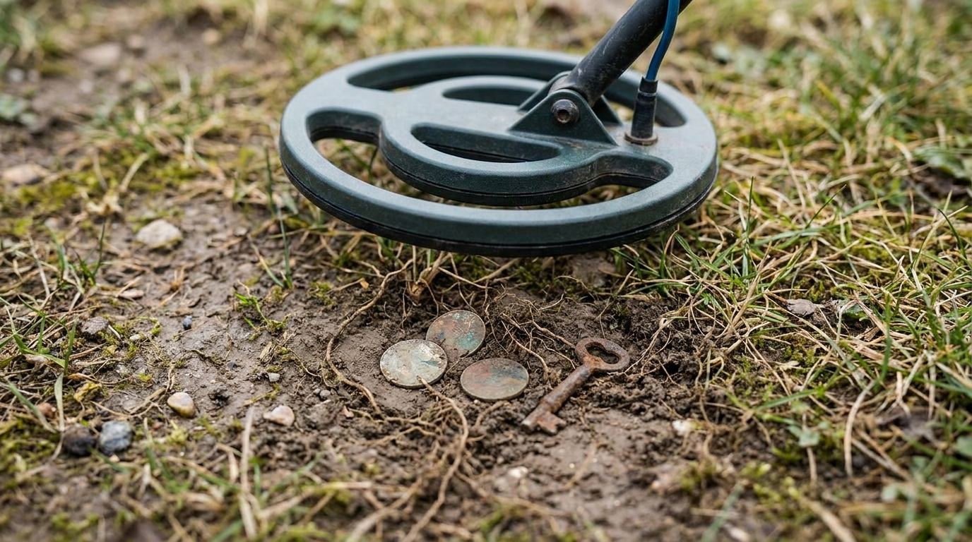 Nahaufnahme der Suchspule eines Metalldetektors dicht über dem Boden mit halb verborgenen Metallteilen
