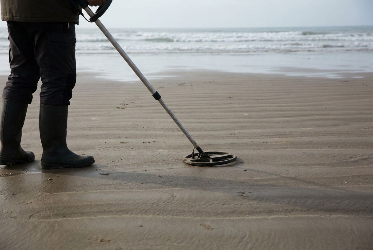 Sondengänger führt einen Metalldetektor über einen weiten Sandstrand bei Ebbe