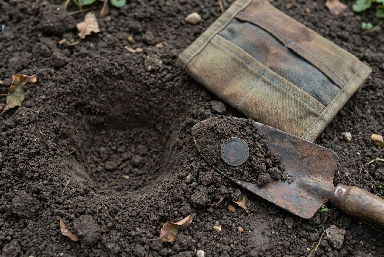 Frisch ausgegrabenes kleines Loch im Boden mit einer alten Münze, Grabewerkzeug und Fundtasche