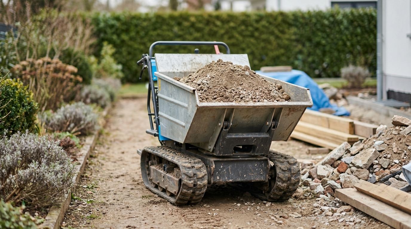 Mini Raupendumper mit gefüllter Metallmulde auf einem Grundstück zwischen Garten und Baustelle