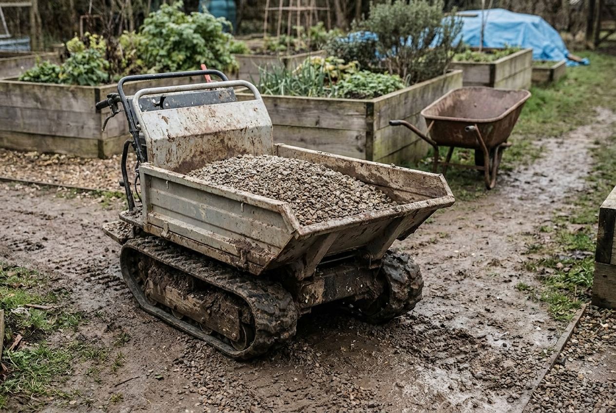Mini Raupendumper transportiert eine volle Ladung Kies über einen Gartenweg