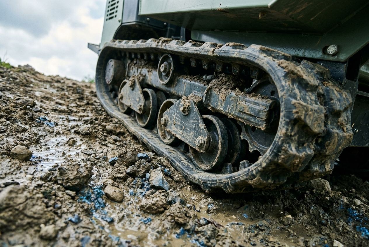 Nahaufnahme der Gummiketten eines Mini Raupendumpers auf matschigem, unebenem Untergrund
