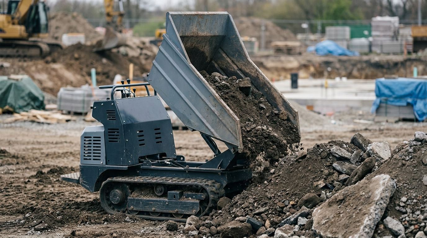 Mini Raupendumper kippt seine hydraulische Mulde nach vorn und lädt Erde ab