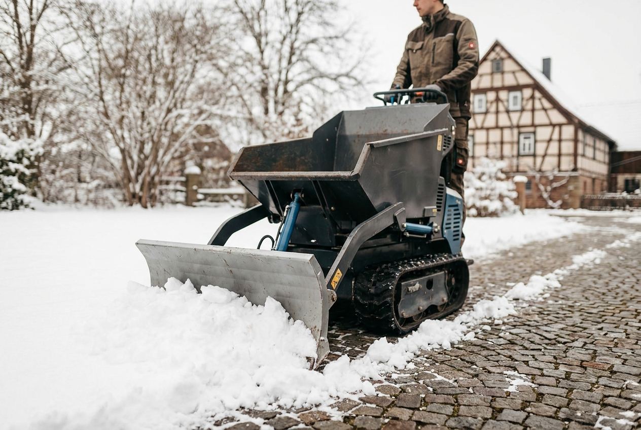 Mini Raupendumper mit montiertem Schneeschild räumt im Winter frischen Schnee