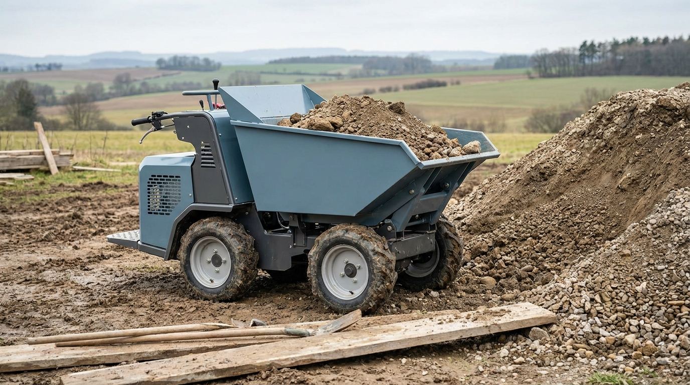 Kompakter Minidumper mit beladener Kippmulde auf einer ländlichen Baustelle neben Erd- und Kieshaufen