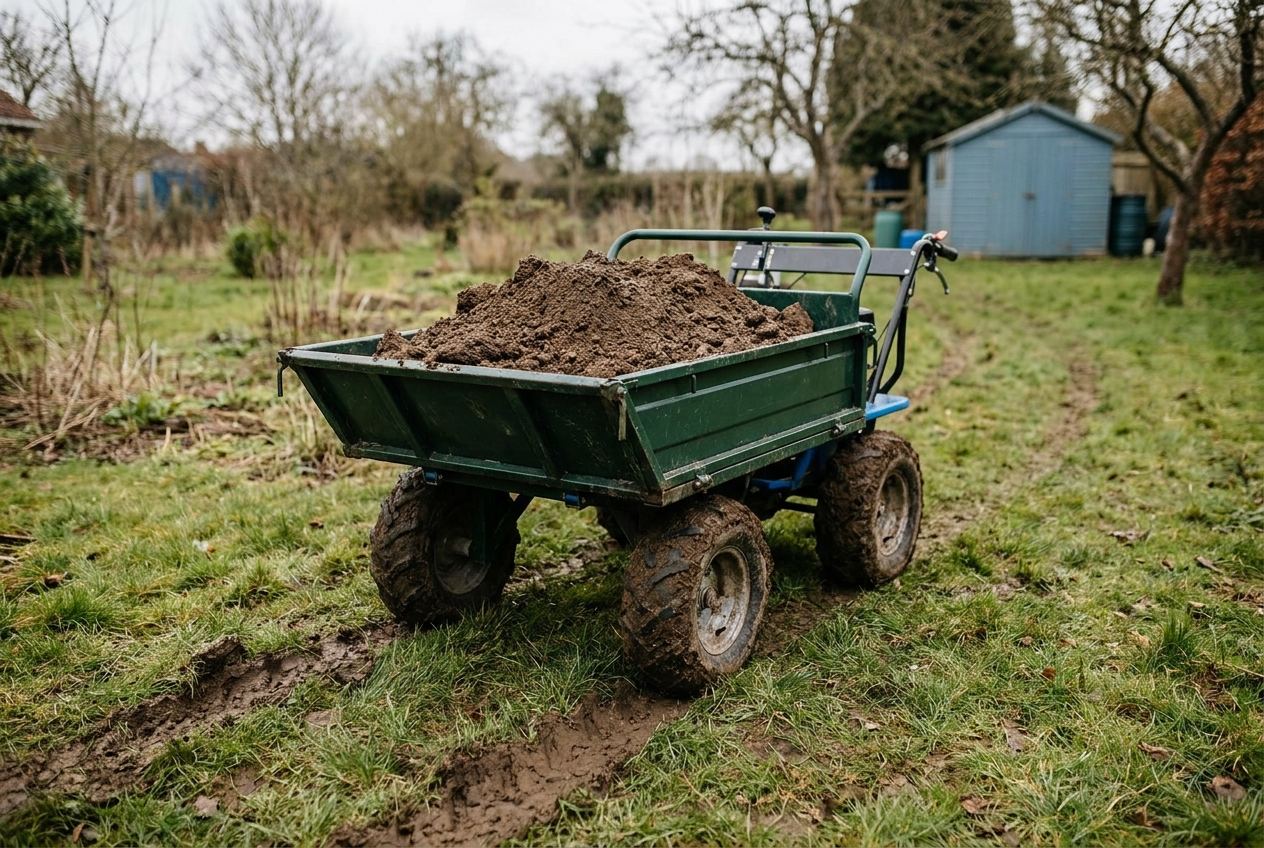 Raddumper transportiert Erde über eine unebene Rasenfläche im Garten