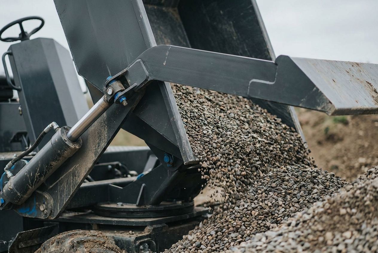 Hydraulisch nach vorne gekippte Mulde eines Minidumpers beim Entladen von Kies