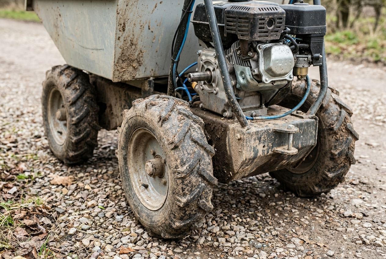 Detailaufnahme der grobstolligen Allradreifen und des Motors eines Minidumpers auf einem Kiesweg