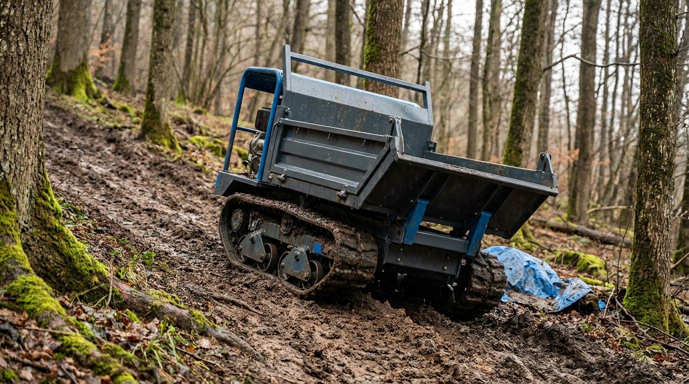Raupendumper mit Gummiketten fährt einen steilen, matschigen Hang auf einem bewaldeten Grundstück hinauf