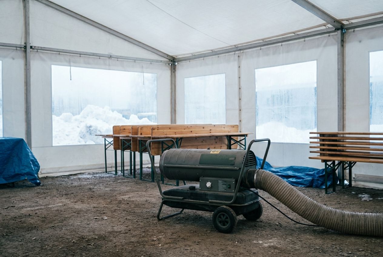 Ölheizgebläse wärmt ein großes Festzelt im Winter