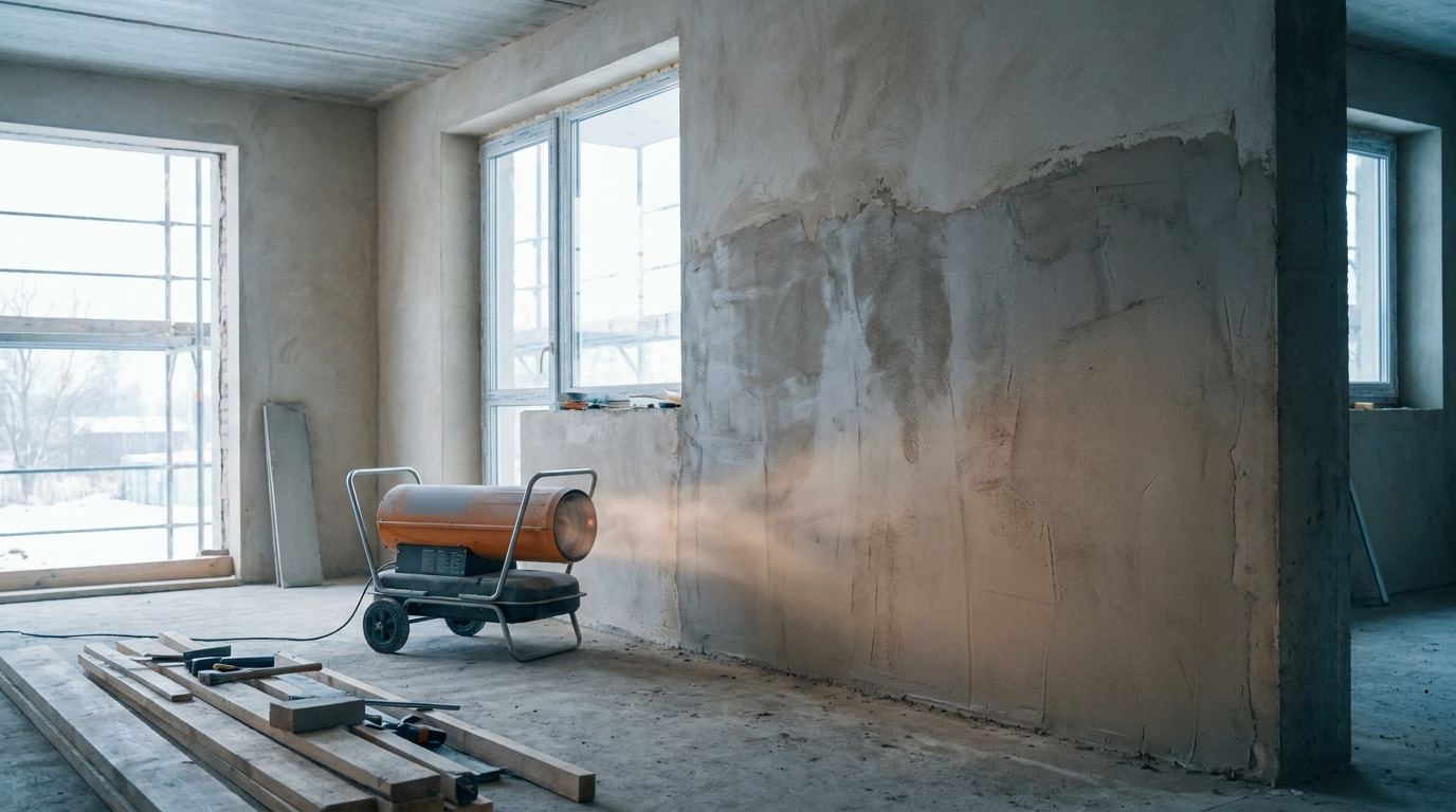 Ölheizgebläse trocknet die Wände in einem Rohbau