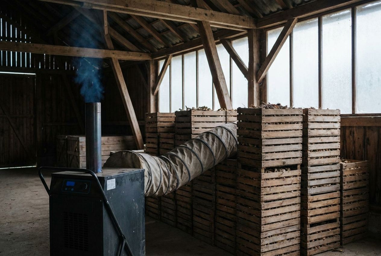 Ölheizgebläse in einer Lagerhalle trocknet eingelagerte Ernte