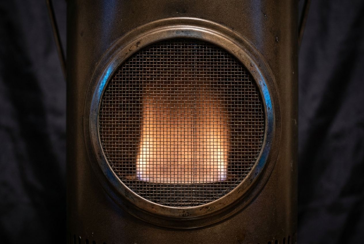 Nahaufnahme des sichtbaren Petroleumfeuers hinter dem Brennergitter eines Ofens.