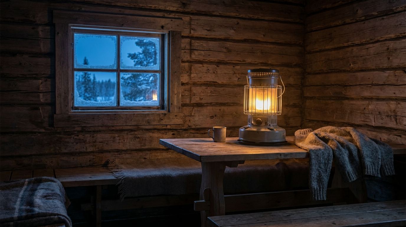 Petroleumofen wärmt eine rustikale Holzhütte am Abend, durch das Fenster fällt kaltes Dämmerlicht.
