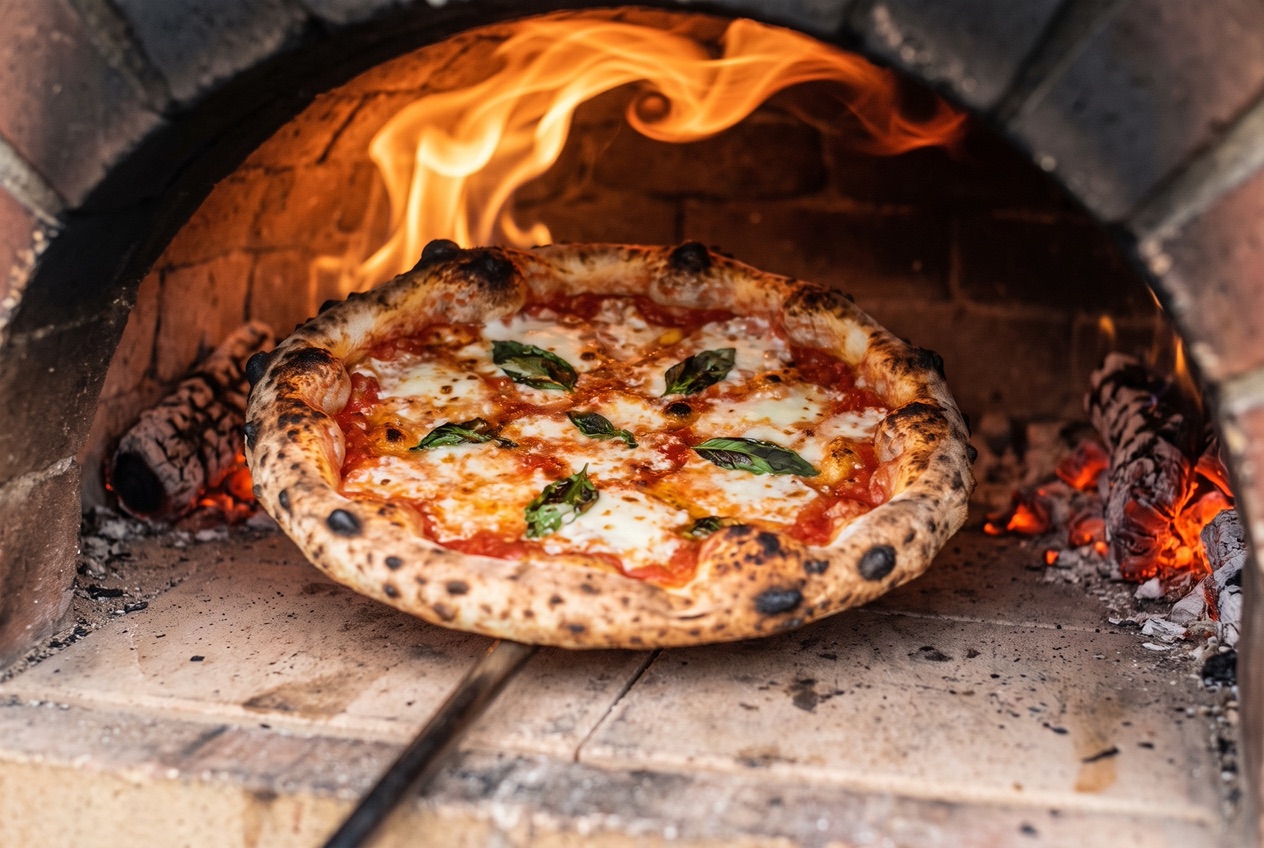 Pizza wird bei hoher Hitze in einem Outdoor-Pizzaofen gebacken, Flammen schlagen über den Pizzastein