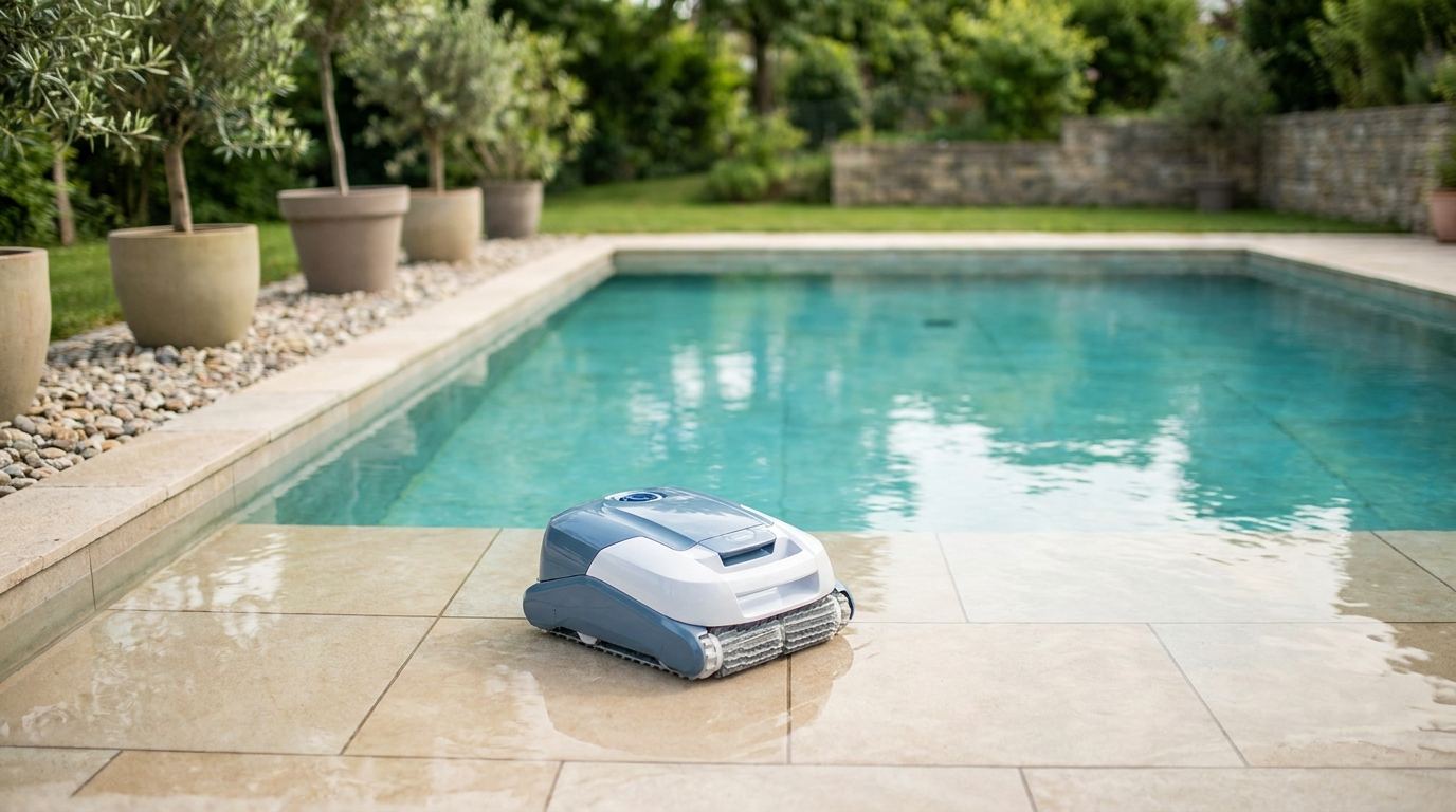Automatischer Poolroboter am Boden eines sauberen privaten Swimmingpools
