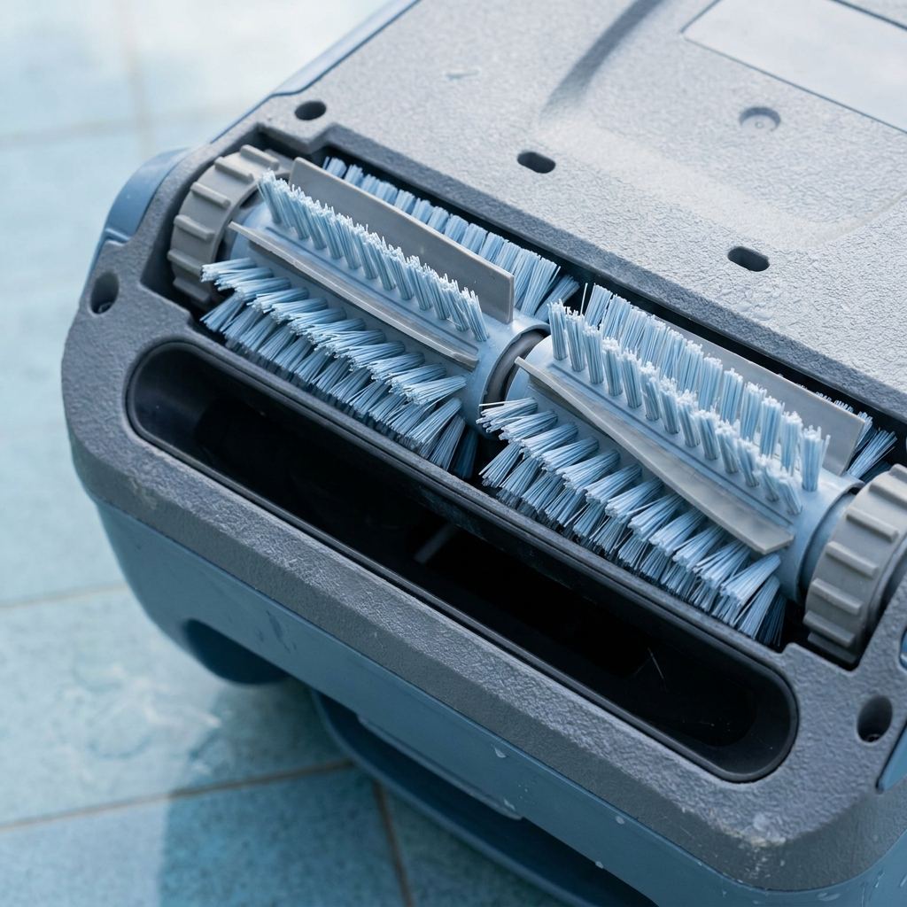 Detailaufnahme der Unterseite eines Poolroboters mit Bürsten und breiter Saugöffnung