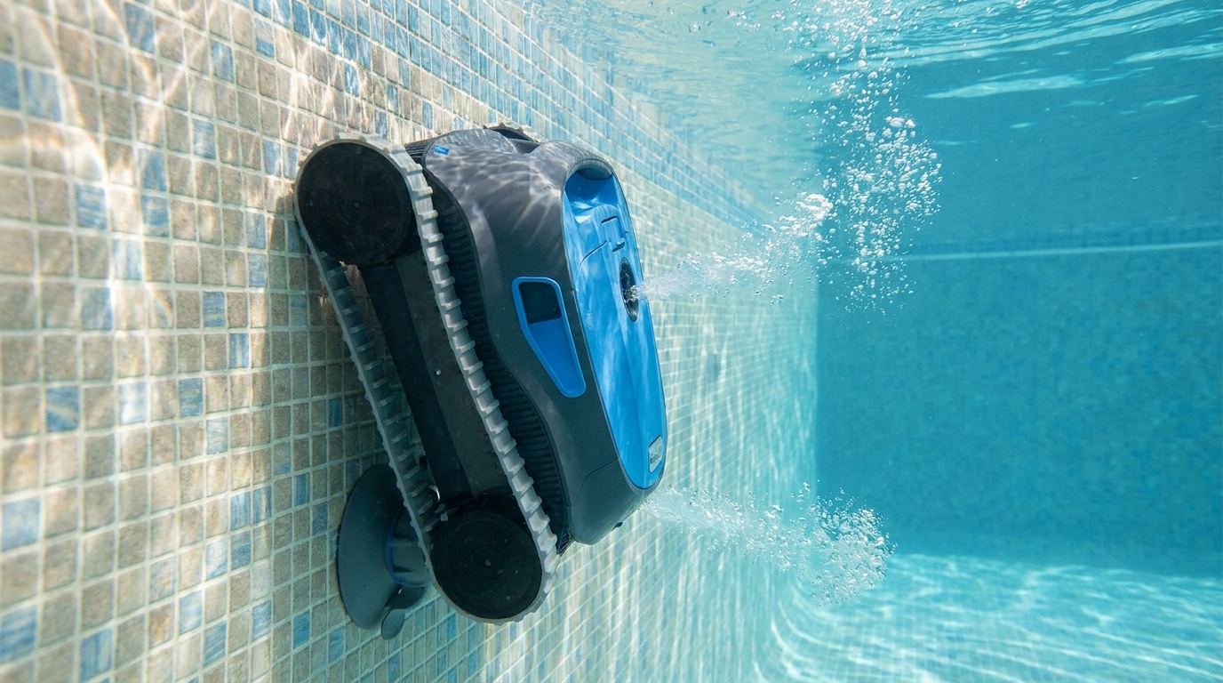 Poolroboter fährt unter Wasser eine senkrechte Beckenwand hinauf