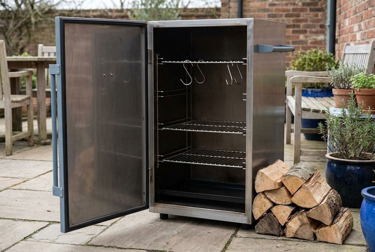 Geöffneter Räucherschrank mit mehreren Ebenen und Haken im Inneren