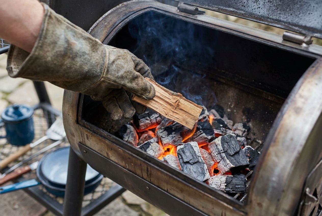 Glühende Holzkohle und Buchenholz im Feuerraum eines Räucherofens