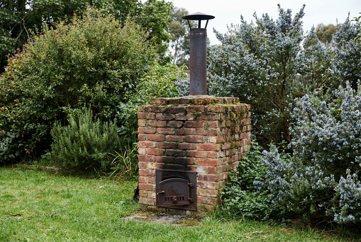 Selbst gemauerter Räucherofen aus Ziegelsteinen mit Schornstein im Garten
