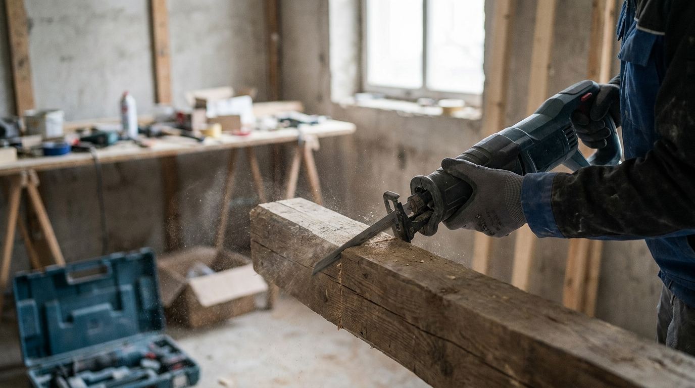 Reciprosäge trennt einen dicken Holzbalken bei Renovierungsarbeiten in einem unverputzten Raum