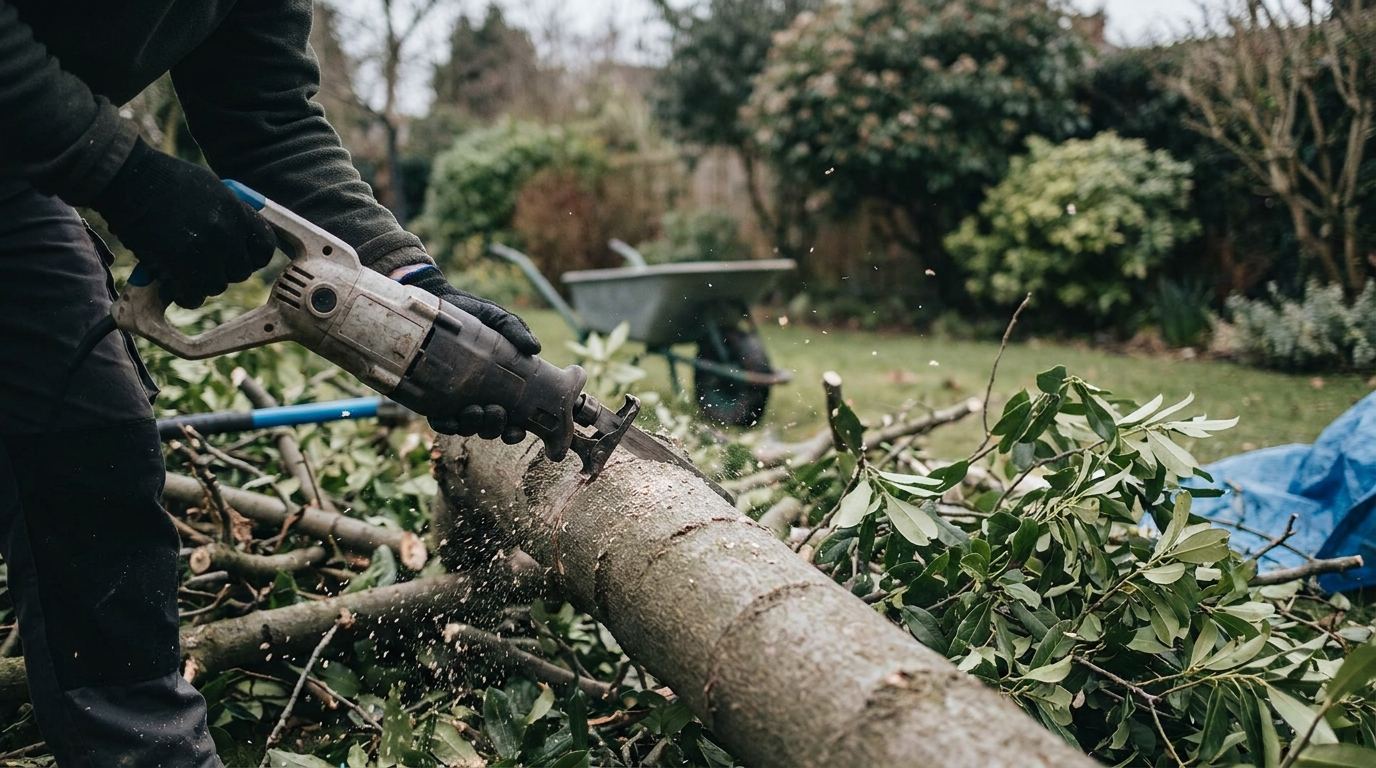 Reciprosäge durchtrennt einen dicken Ast bei Aufräumarbeiten im Garten