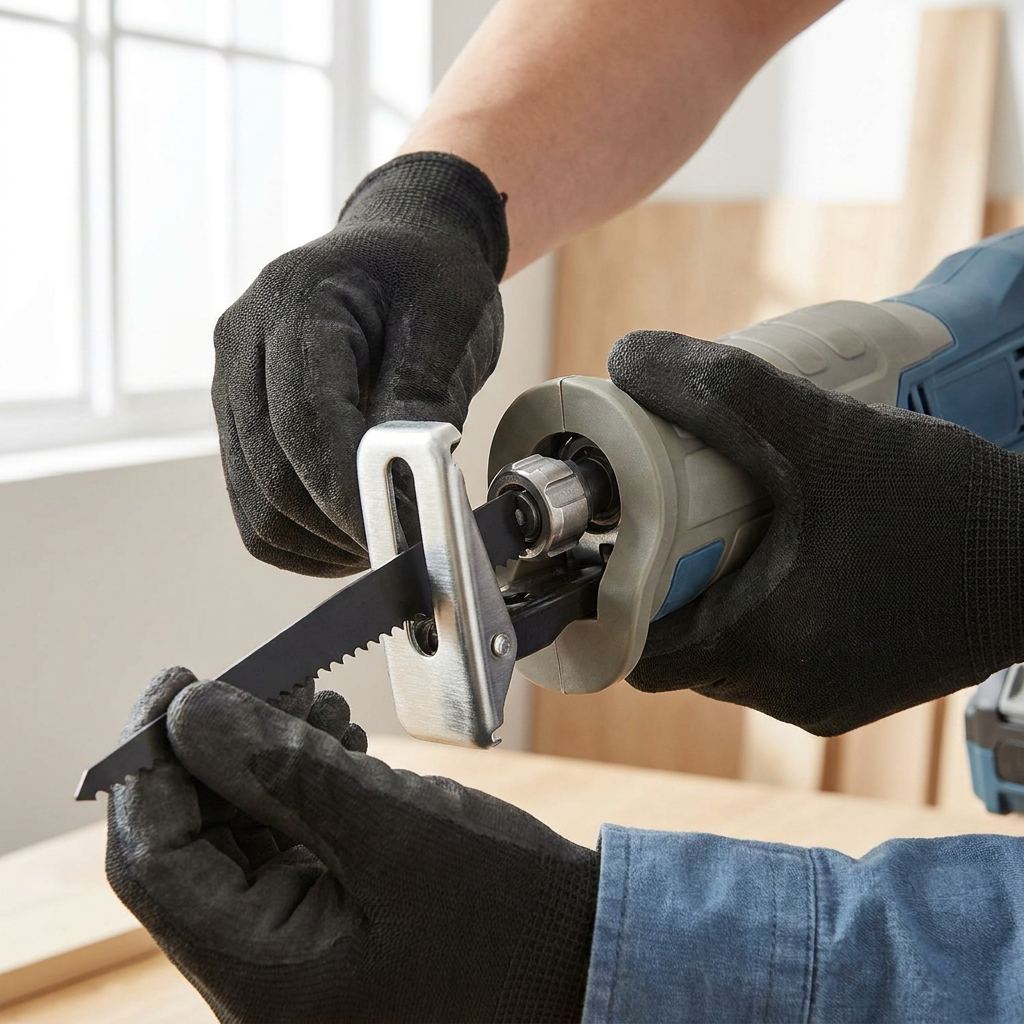 Werkzeugloser Sägeblattwechsel an einer Reciprosäge mit geöffnetem Schnellspanner