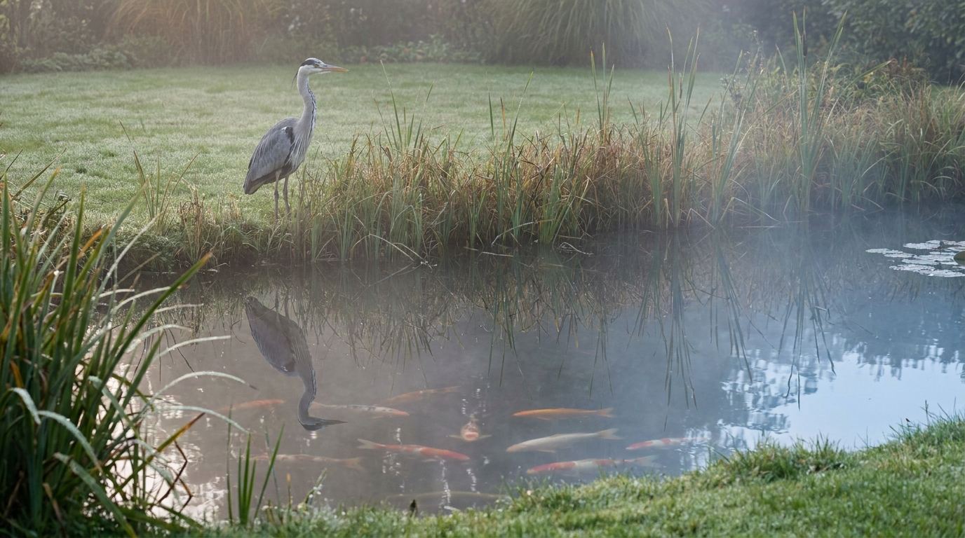 Graureiher am frühen Morgen am Rand eines Gartenteichs mit sichtbaren Koi im Wasser