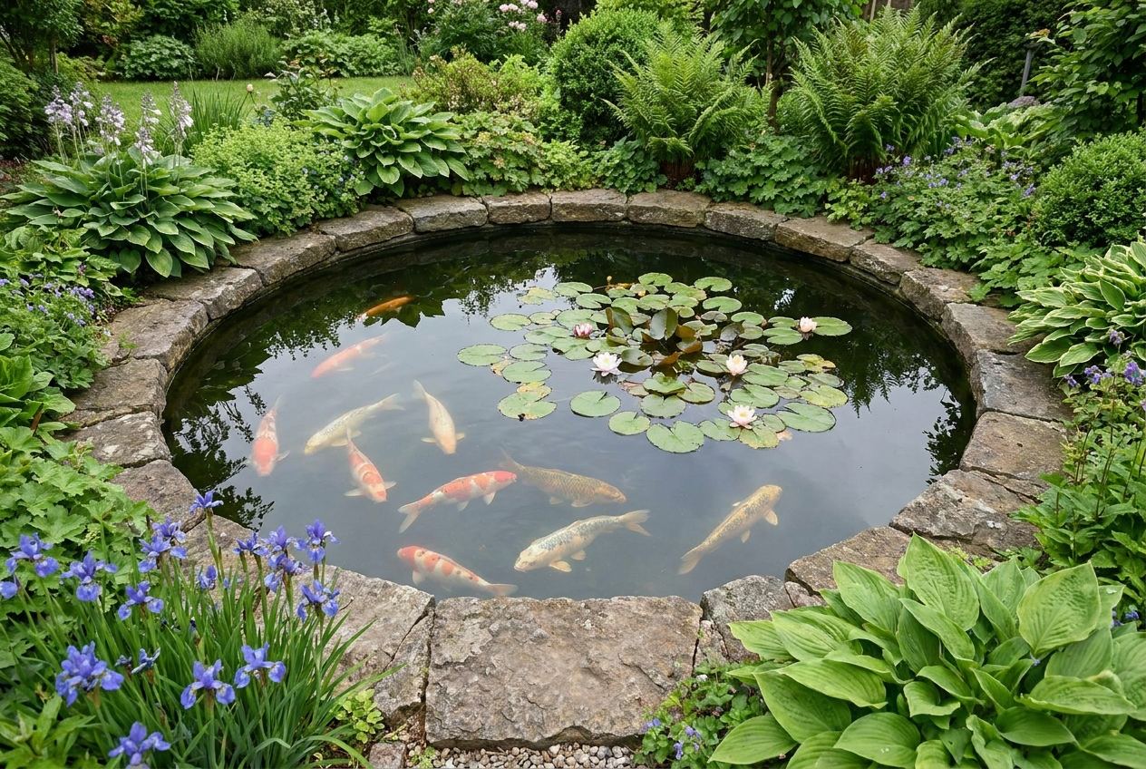 Gepflegter Gartenteich mit bunten Koi und Seerosen zwischen Steinen und Pflanzen