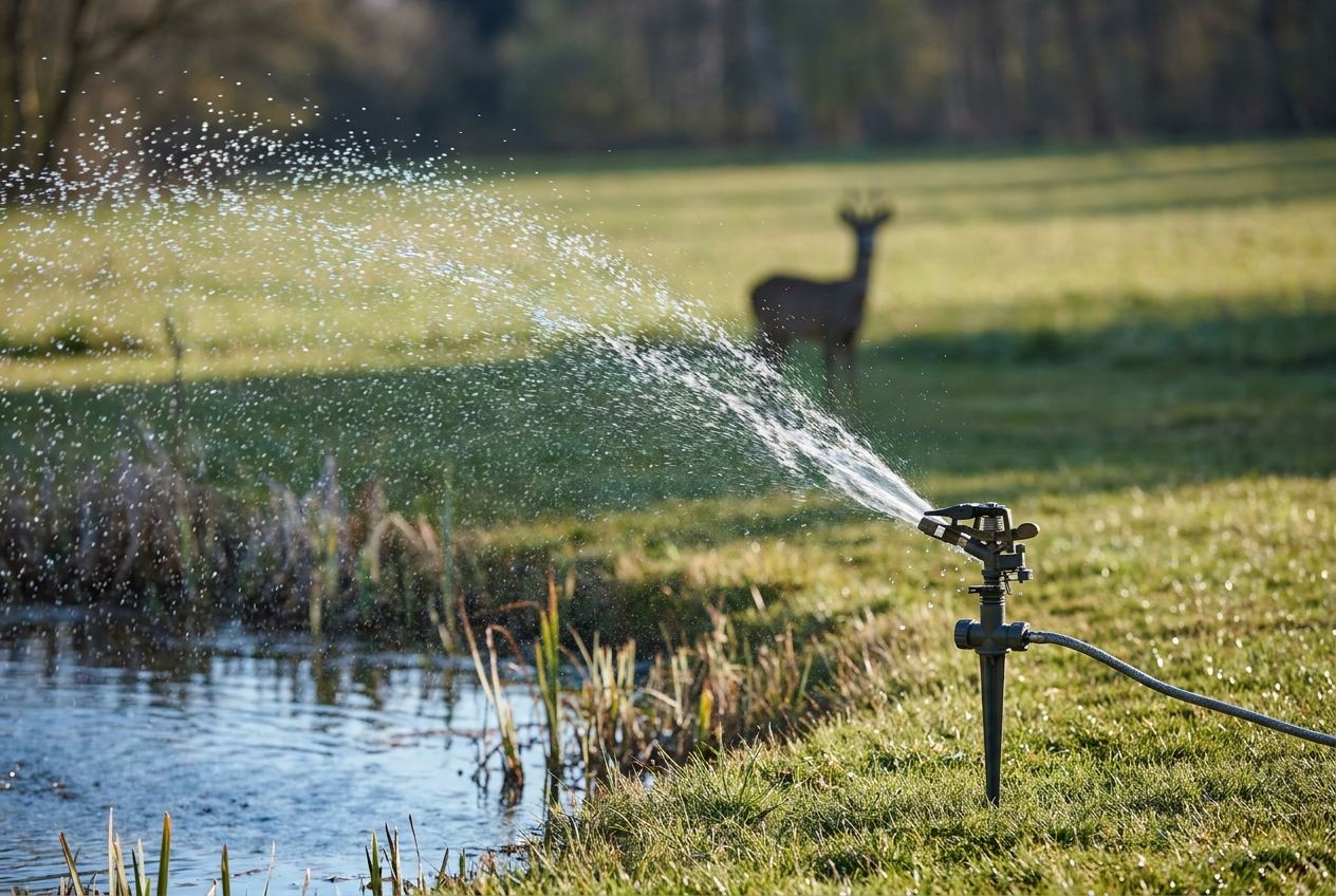 Wasserstrahl-Tiervertreiber am Teichrand sprüht einen breiten Wasserstrahl über den Rasen
