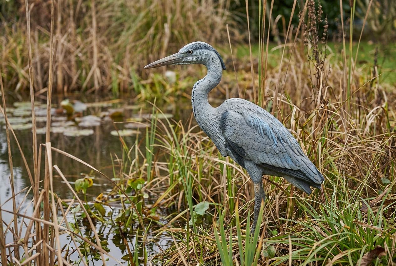 Reiher-Attrappe aus Kunststoff am bepflanzten Teichrand zwischen Schilf und Gräsern