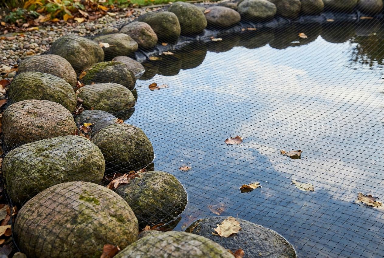 Mit großen Steinen gesäumter Teichrand und feines Schutznetz über dem Wasser im Herbst