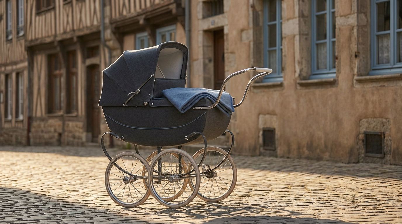 Retro Kinderwagen mit tiefer Wanne und Luftreifen auf einer Kopfsteinpflasterstraße vor Altbauten