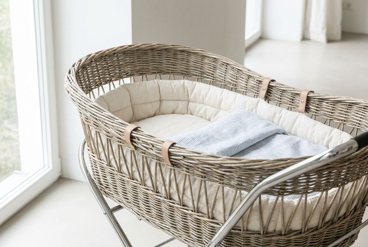 Babywanne aus Korbgeflecht mit Matratze und Bettzeug auf einem gefederten Chromgestell