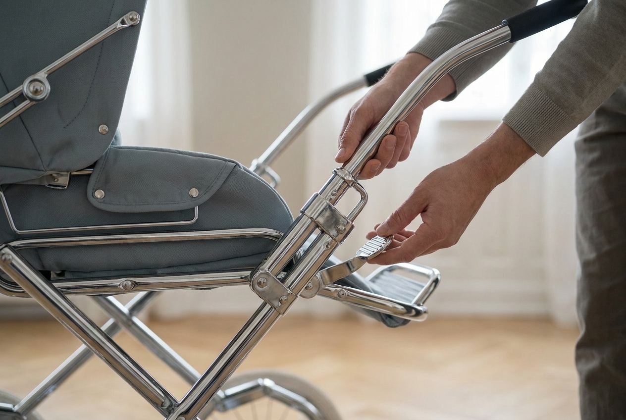 Hände verstellen den höhenverstellbaren Schiebegriff eines Retro Kinderwagens am Chromgestell