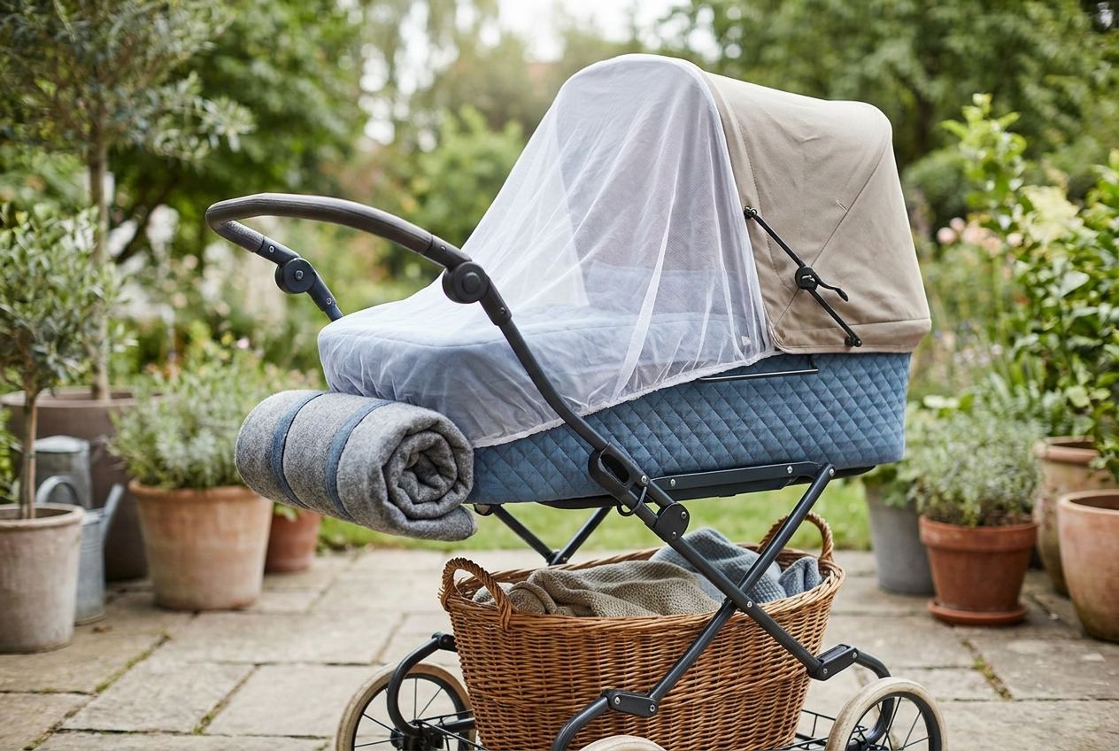 Retro Kinderwagen mit Sonnendach, Moskitonetz, Fußsack und geräumigem Transportkorb auf einer Terrasse